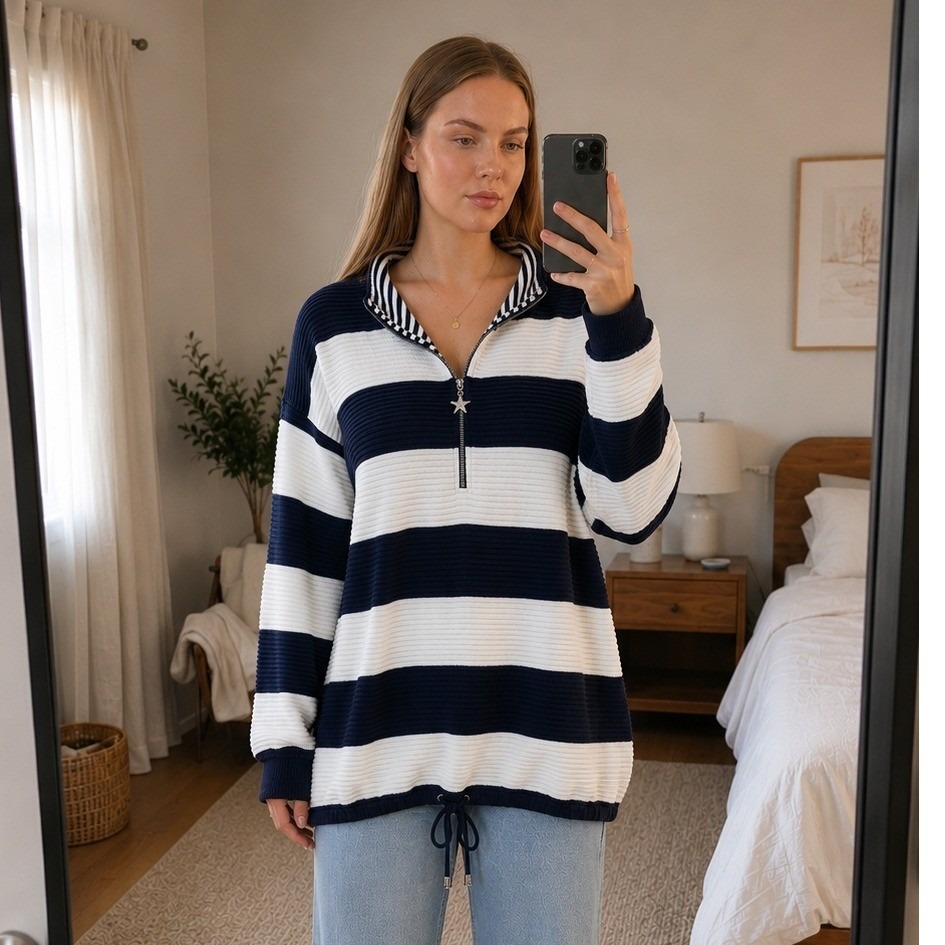 Vintage Womens Pullover Large Blue White Striped Quarter Zip Preppy Nautical